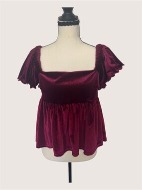 Altar’d State Velvet Square-Neck Peplum Top in Burgundy